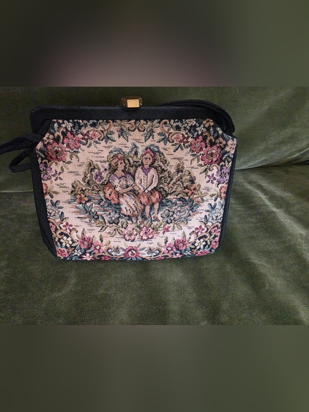 Vintage Tapestry Evening Bag with Courting Couple Scene & Coin Purse